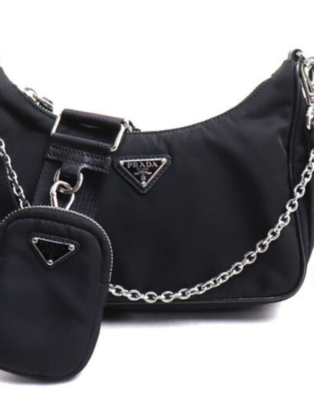 Black Nylon Shoulder Bag with Silver Chain and Pouch